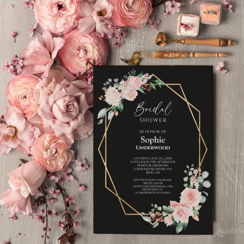 Blush Floral Simple Black Wedding Bridal Shower Invitation