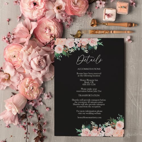 Blush Floral Simple Black Wedding Details Enclosure Card