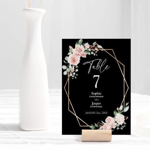 Blush Floral Simple Black Wedding Table Number
