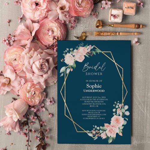 Blush Floral Simple Navy Wedding Bridal Shower Invitation