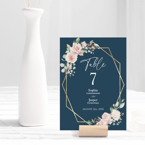 Blush Floral Simple Navy Wedding Table Number