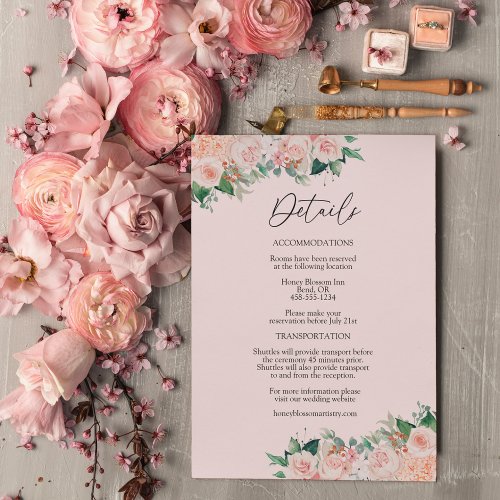 Blush Floral Simple Pink Wedding Details Enclosure Card