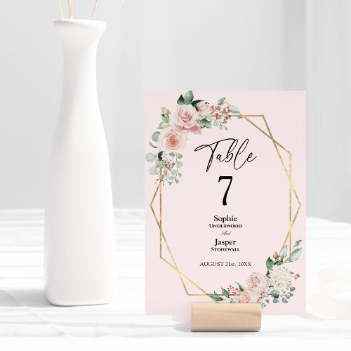 Blush Floral Simple Pink Wedding Table Number
