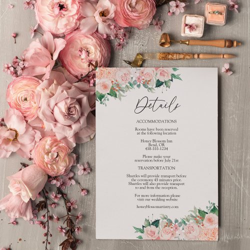 Blush Floral Simple White Wedding Details Enclosure Card