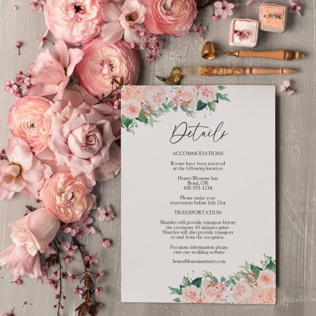 Blush Floral Simple White Wedding Details Enclosure Card (Creator Uploaded)