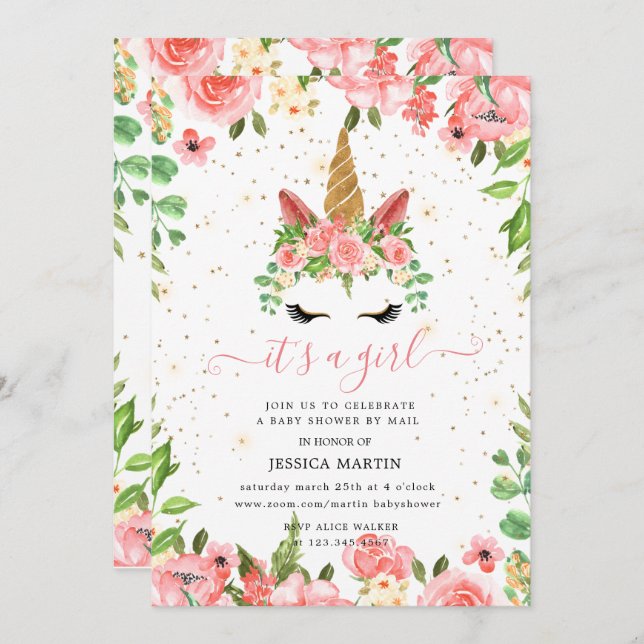 blush floral sleepy unicorn virtual baby shower invitation (Front/Back)