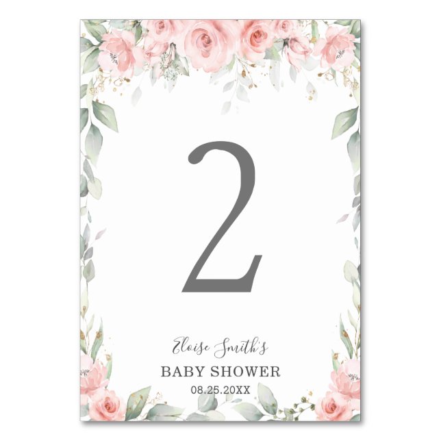 Blush Floral Soft Greenery Baby Shower Birthday Table Number (Front)