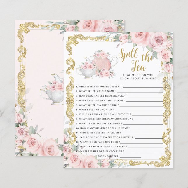 Blush Floral Spill the Tea Bridal Shower Game (Front/Back)