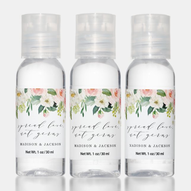 Blush Floral Spread Love, Not Germs Wedding Hand Sanitizer (Set)