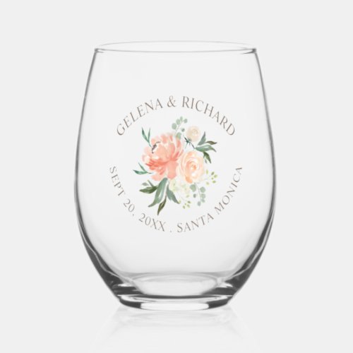 Blush Floral Spring Wedding Stemless Wine Glass