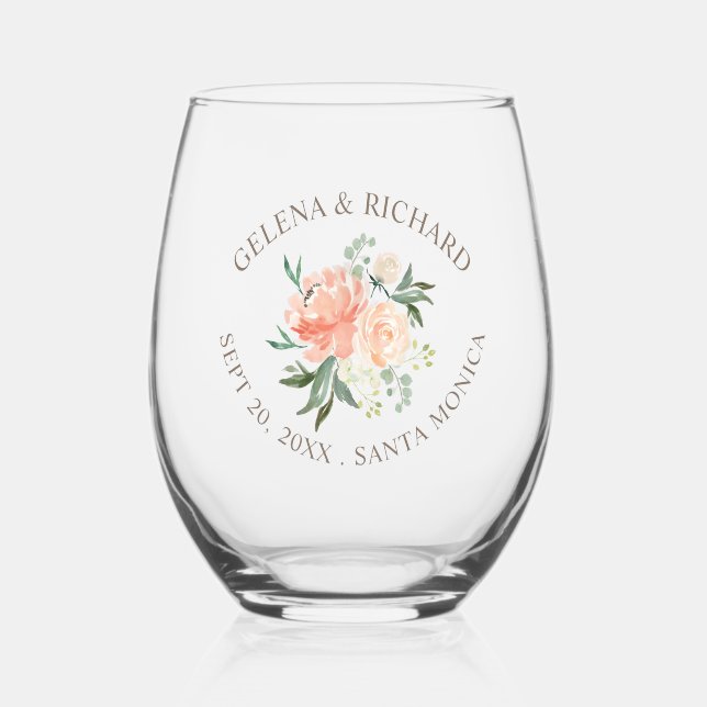 Blush Floral Spring Wedding Stemless Wine Glass (Front)