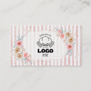 Blush floral stripes Cute Bakery logo Business Card