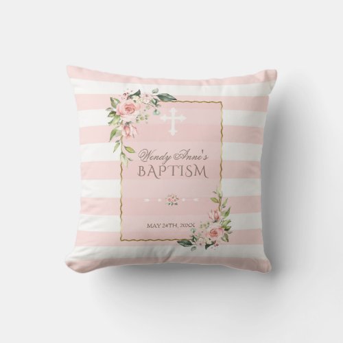 Blush Floral Stripes Gold Frame Baptism Monogram Throw Pillow