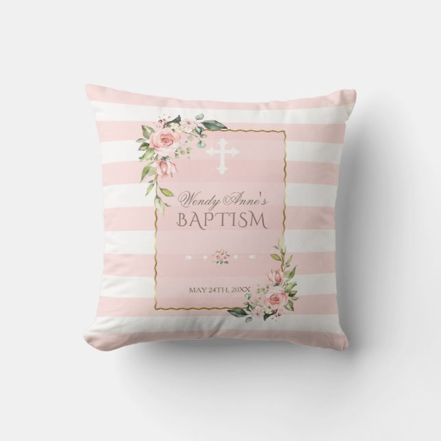 Blush Floral Stripes Gold Frame Baptism Monogram Throw Pillow (Front)