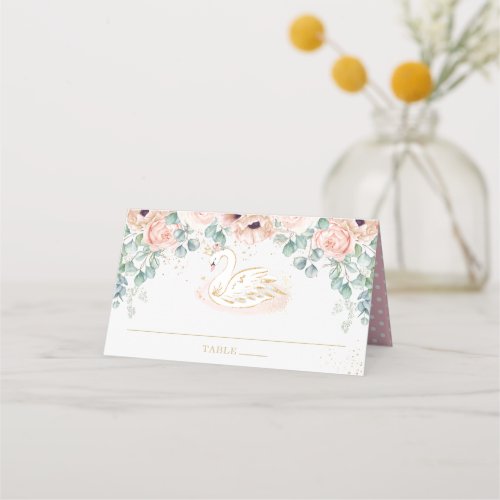 Blush Floral Swan Princess Baby Shower Birthday Place Card