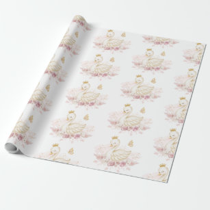 Blush Floral Swan Princess Baby Shower Birthday Wrapping Paper