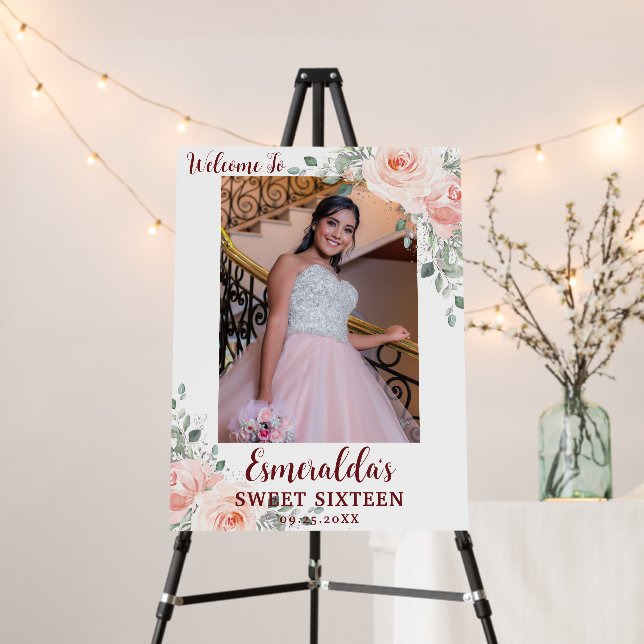 Blush Floral Sweet 16 Birthday Quinceanera Photo Foam Board (In Situ (Stand))