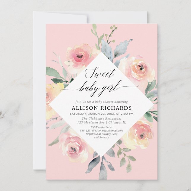 Blush floral sweet baby girl baby shower invitation (Front)