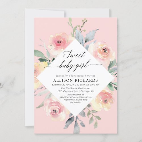 Blush floral sweet baby girl baby shower invitation