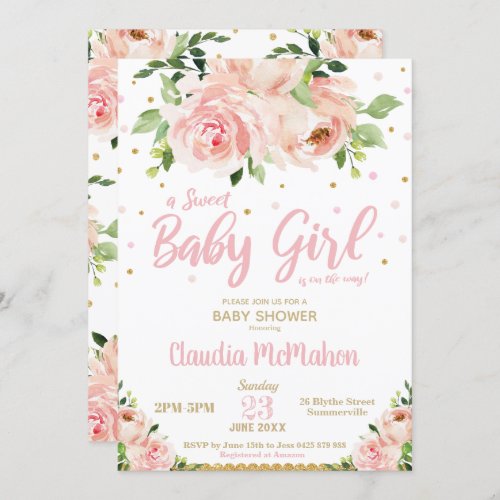 Blush Floral Sweet Baby Girl Shower Pink  Gold Invitation