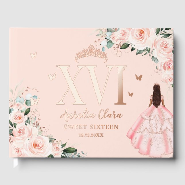 Blush Floral Sweet Sixteen 16 XVI Rose Gold Foil Guest Book (Front)