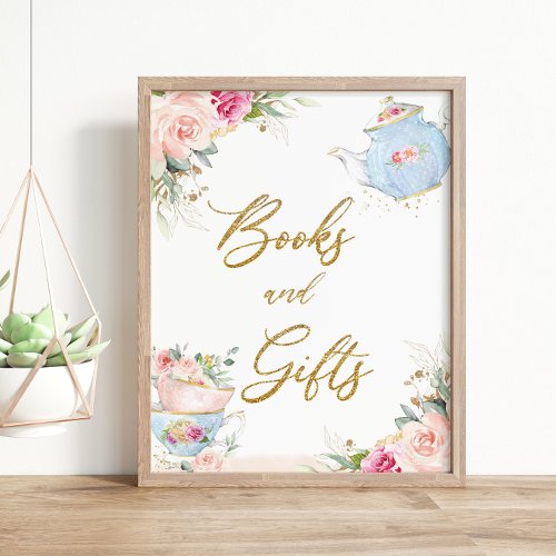 Blush Floral Tea Party Books and Gifts Baby Shower Poster