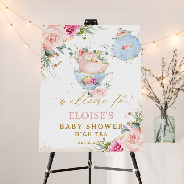 Blush Floral Tea Party Bridal Baby Shower Welcome  Foam Board (In Situ (Stand))