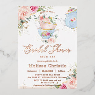 Blush Floral Tea Party Bridal Shower Rose Gold Foil Invitation