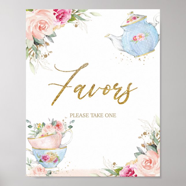 Blush Floral Tea Party Favors Baby Bridal Shower Poster (Front)