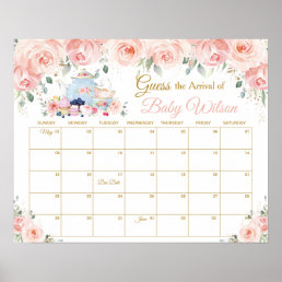 Blush Floral Tea Party Guess Baby&#39;s Arrival Game  Poster