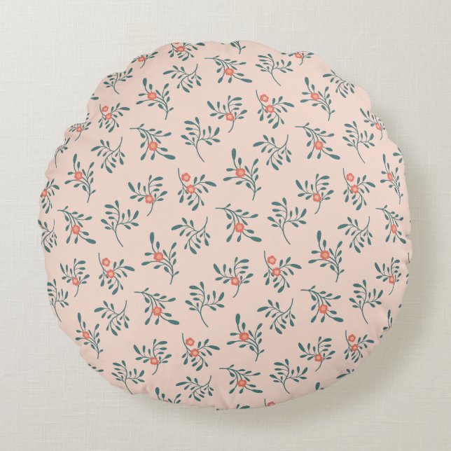 Blush Floral Teal Botanical Pattern Round Pillow (Front)