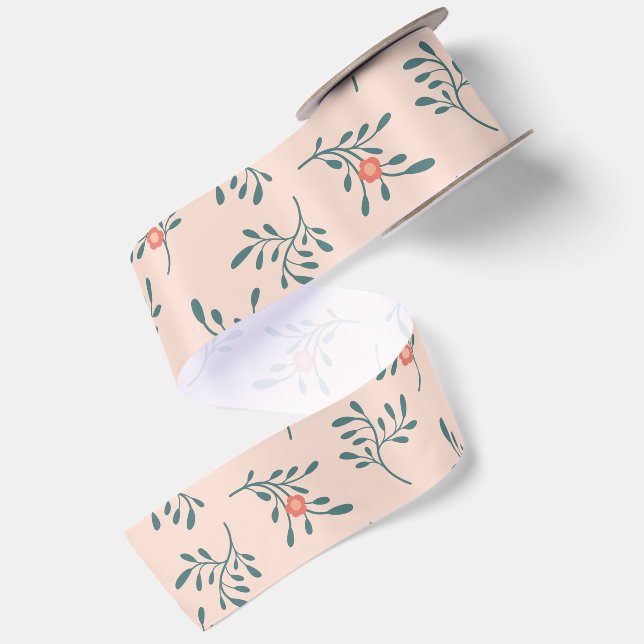 Blush Floral Teal Botanical Pattern Satin Ribbon (Front+Back)