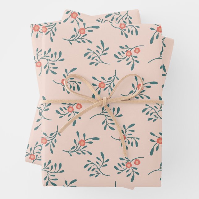 Blush Floral Teal Botanical Pattern Wrapping Paper Sheets (In situ)