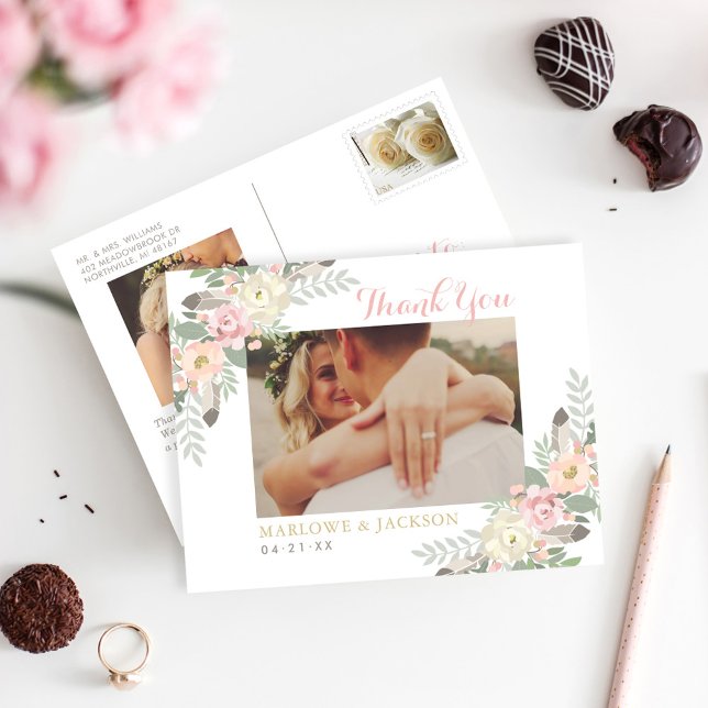 Blush Floral Thank You Wedding Photo Postcard (Creator Uploaded)