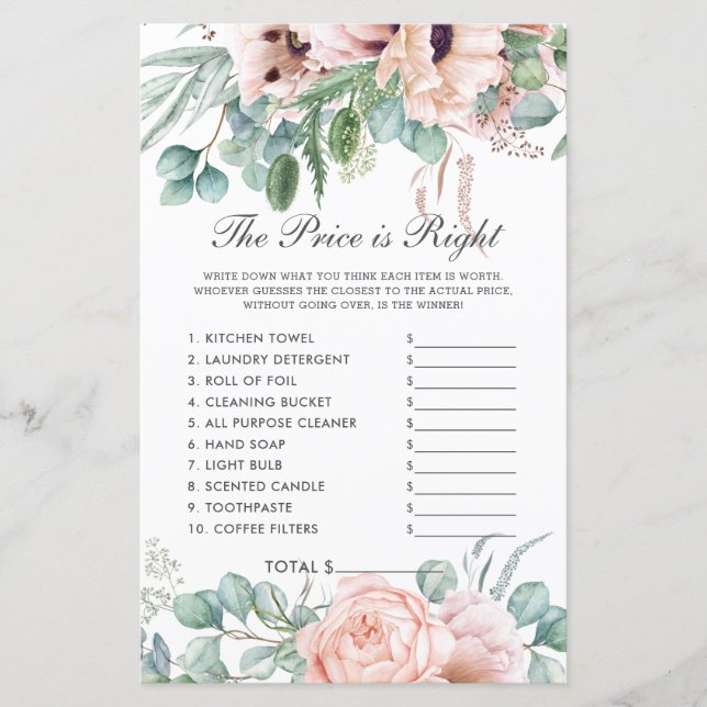 Blush Floral The Price is Right Bridal Shower Game (Front)