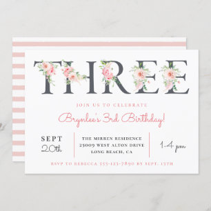 Blush Floral THREE 3rd Birthday Party Invitation