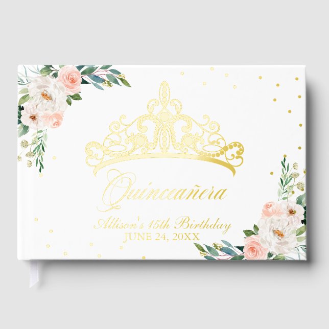Blush Floral Tiara Quinceanera Guest Book (Front)