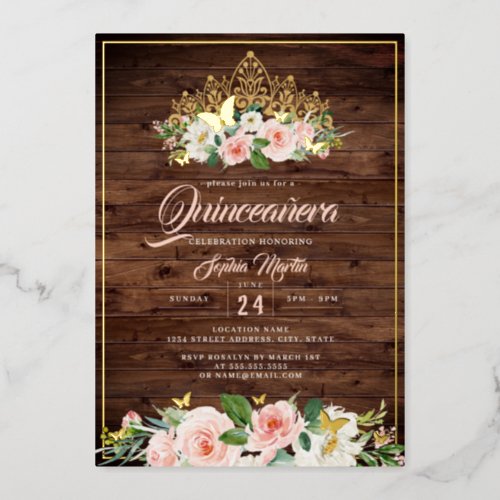 Blush Floral Tiara Rustic Quinceanera Foil Invitation