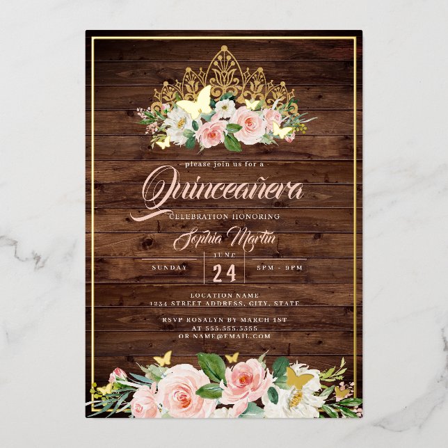 Blush Floral Tiara Rustic Quinceanera Foil Invitation (Front)