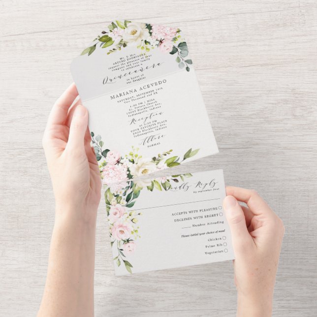 Blush Floral Traditional Wording Quinceañera All In One Invitation (Tearaway)