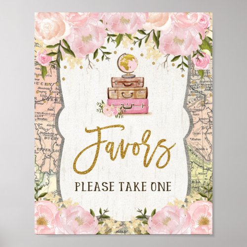 Blush Floral Travel Miss to Mrs Vintage Map Favors Poster