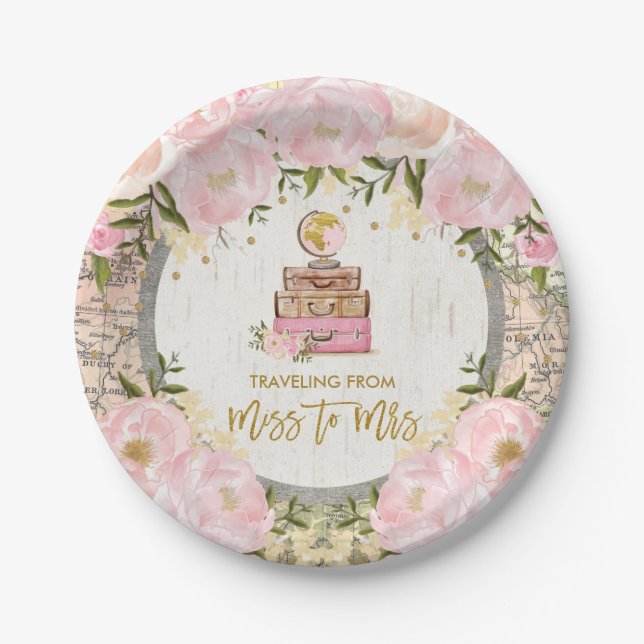 Blush Floral Traveling from Miss to Mrs Shower Paper Plates (Front)