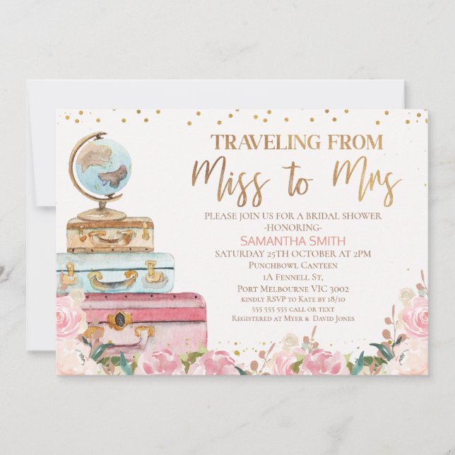 Blush Floral Traveling Miss to Mrs Bridal Shower Invitation (Front)