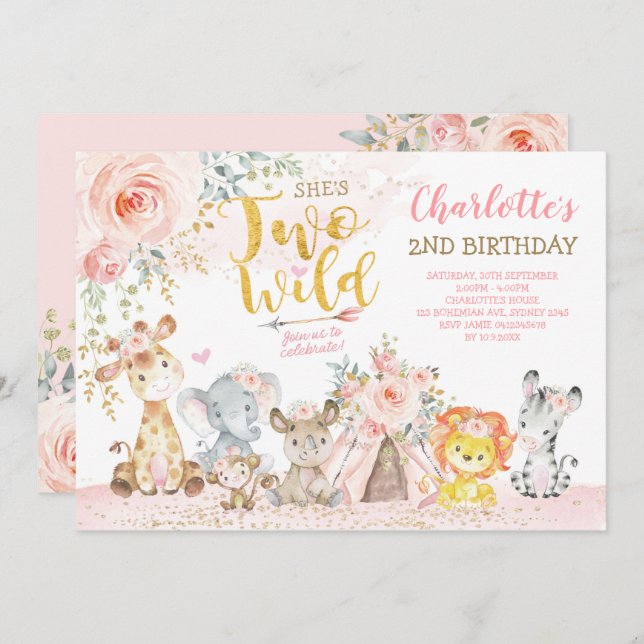 Blush Floral Tribal Safari Two Wild 2nd Birthday Invitation (Front/Back)
