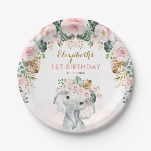 Blush Floral Tropical Boho Elephant Birthday Girl Paper Plates