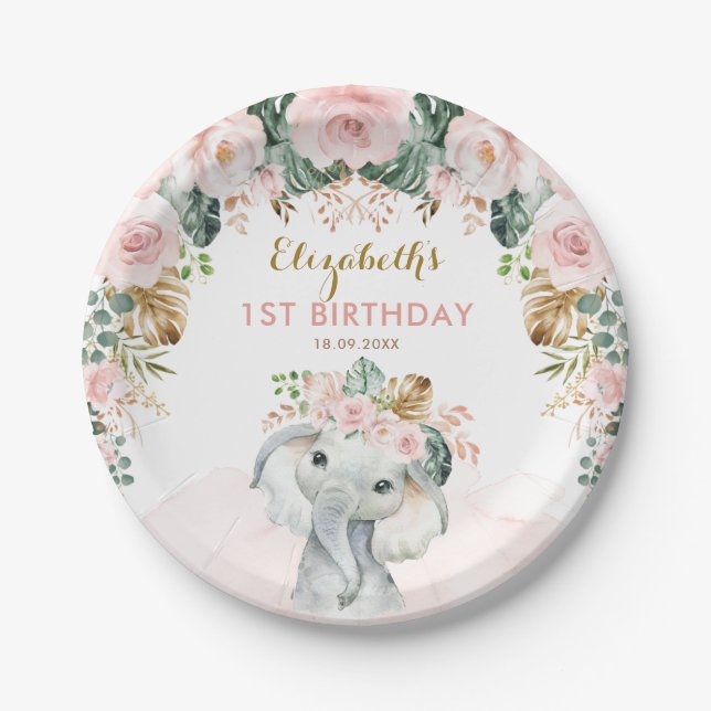 Blush Floral Tropical Boho Elephant Birthday Girl Paper Plates (Front)