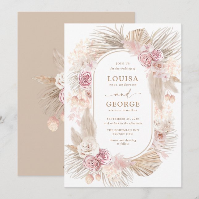 Blush Floral Tropical Boho Pampas Grass Wedding Invitation (Front/Back)
