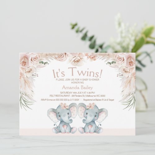 Blush Floral Twin Elephants Baby Shower Invitation