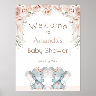 Blush Floral Twin Elephants Baby Shower Welcome Poster