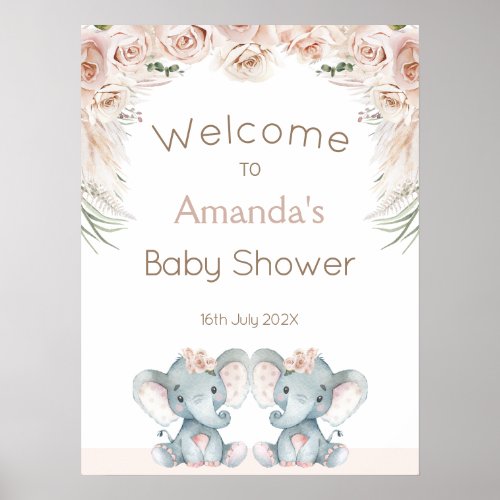 Blush Floral Twin Elephants Baby Shower Welcome Poster